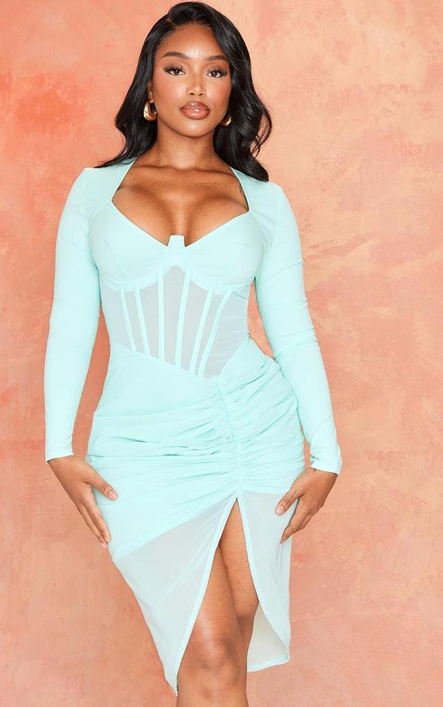 Shape Mint Green Corset Detail Long Sleeve Ruched Midi Dress Product Image