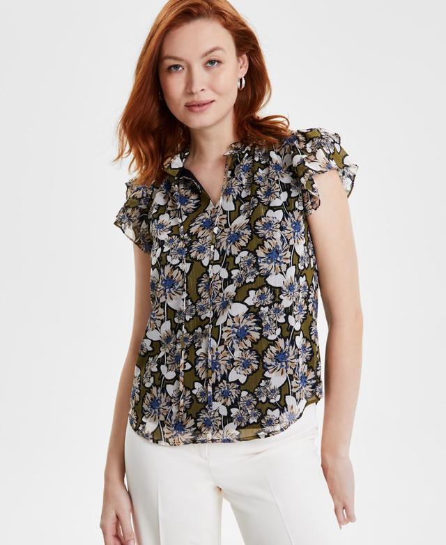 Anne Klein Womens Ruffled-Sleeve Tie-Neck Top - Bay Leaf Product Image