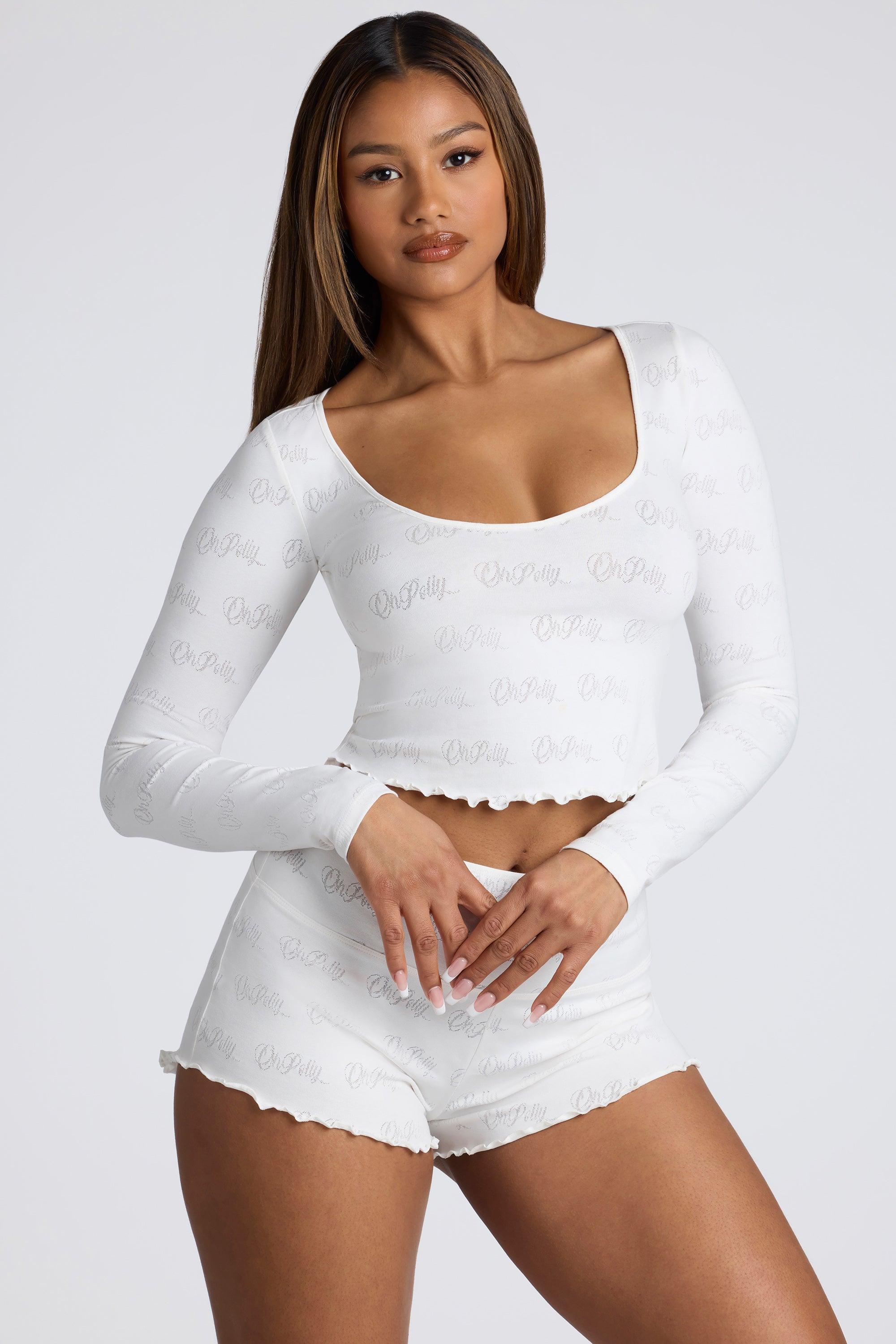 Long Sleeve Scoop Neck Pointelle Crop Top in White Female Product Image