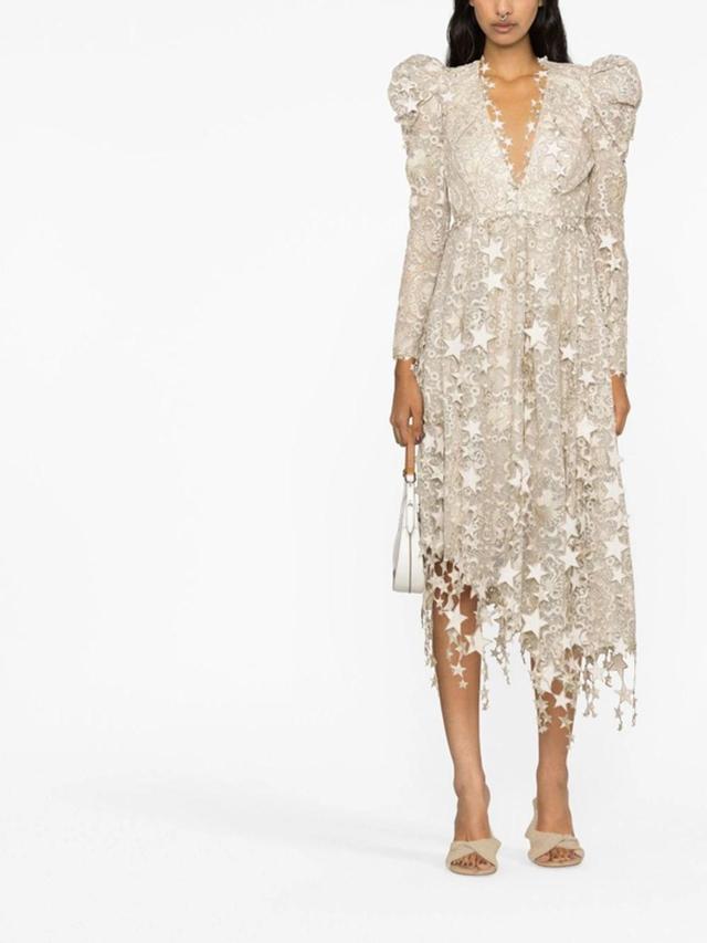 Celestial Metallic Embroidered Appliquéd Tulle Maxi Dress In Beige Product Image