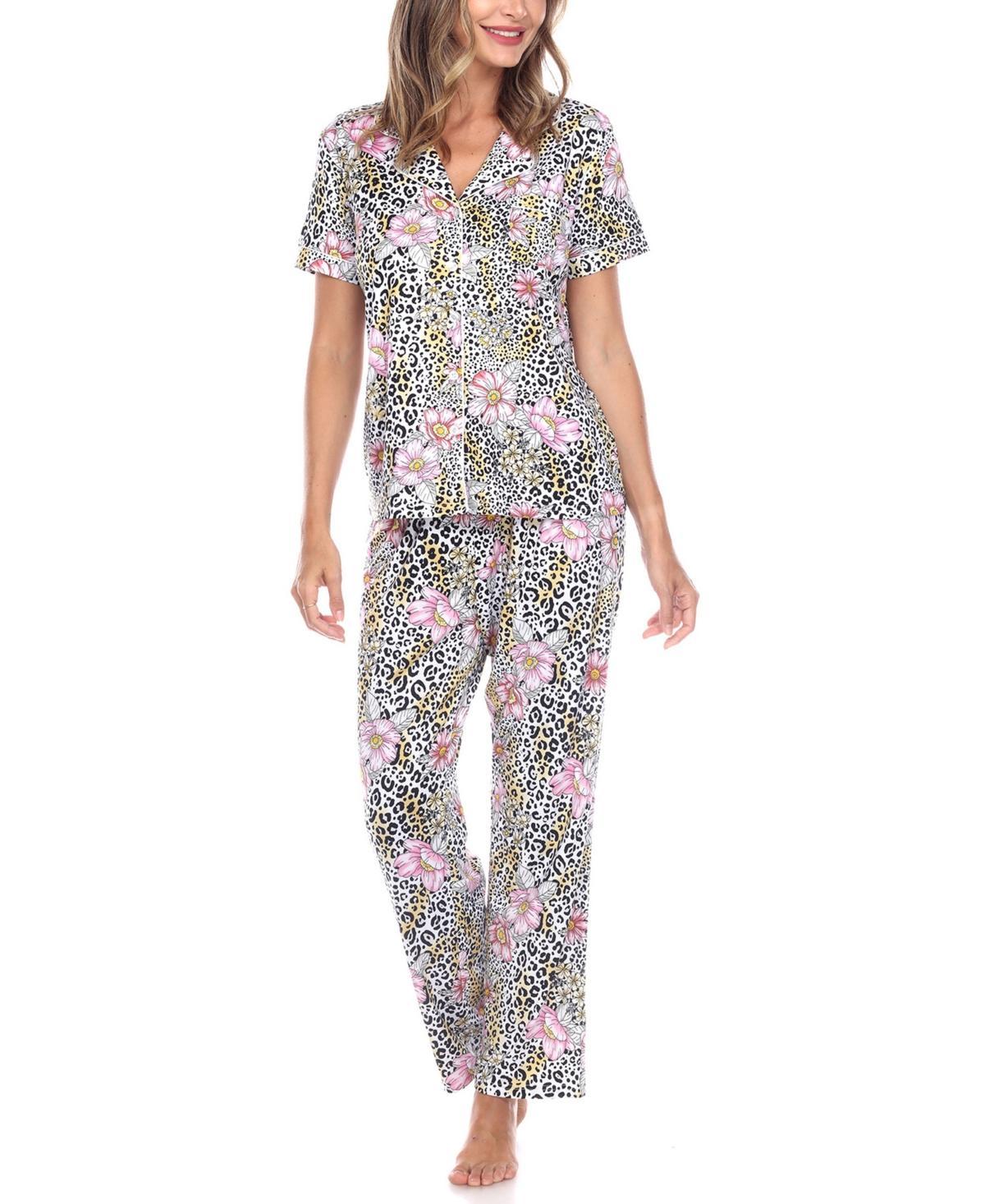 White Mark Womens Short Sleeve Pants Tropical Pajama Set, 2-Piece - White Product Image