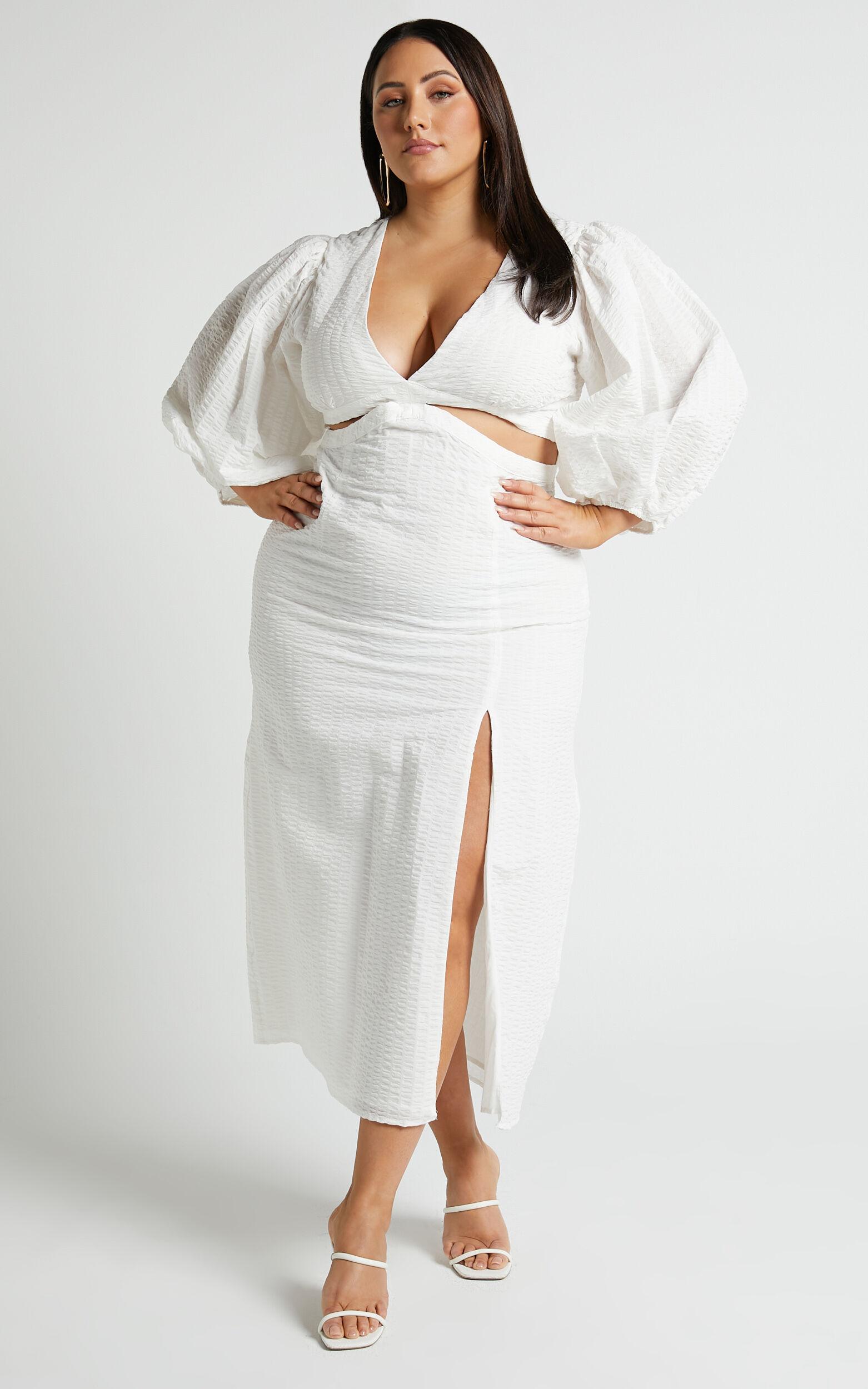 Miggy Midi Dress - Puff Sleeve Cut Out Split Dress in White Product Image