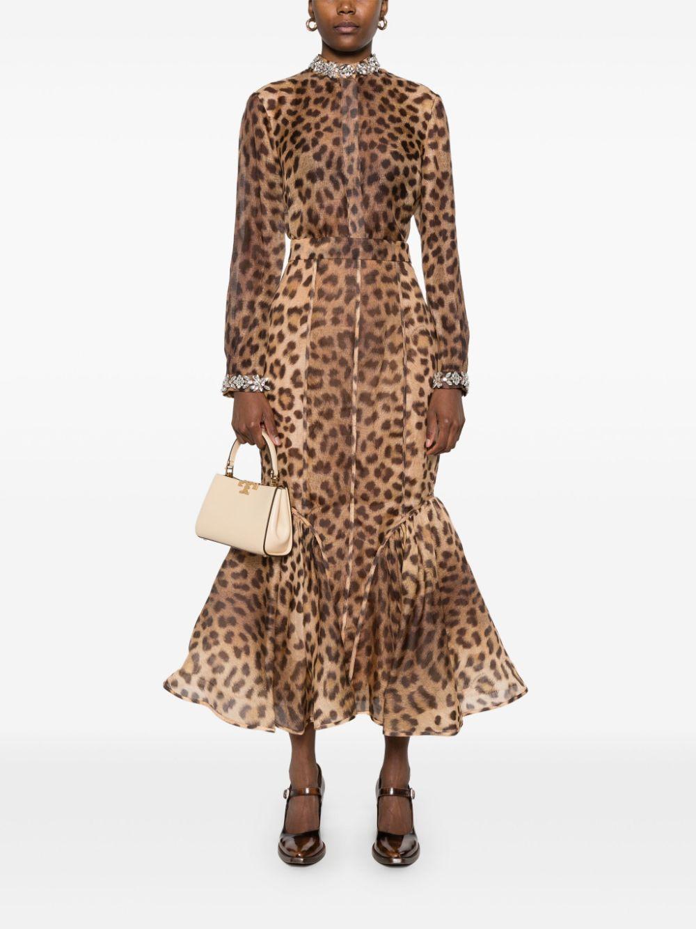 ZIMMERMANN Crush Flared Animal-print Linen-silk Midi Skirt In Brown Product Image