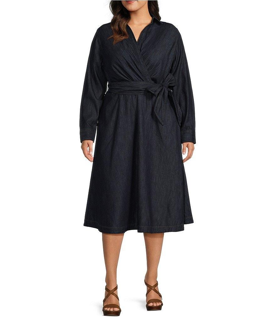 Lauren Ralph Lauren Plus Size Long Sleeve Point Collar Tie Waist Midi Dress Product Image