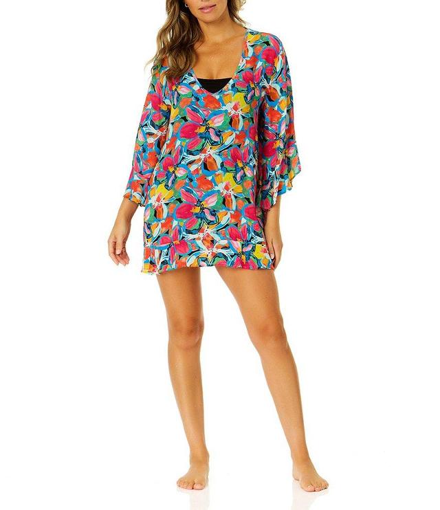 Anne Cole Amalfi Floral Print Crinkle Flounce Sleeve Swim Cover-Up Tunic Product Image