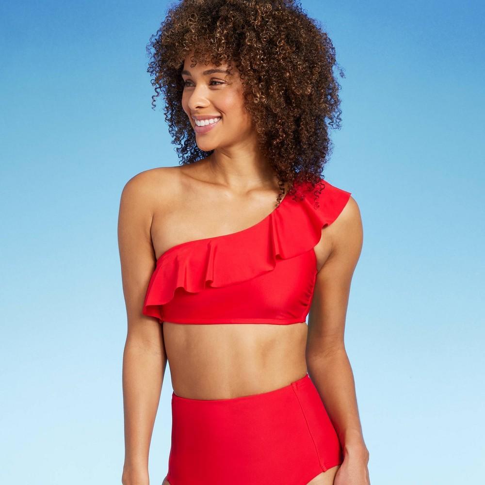 Womens One Shoulder Flounce Bikini Top - Kona Sol Red M Product Image