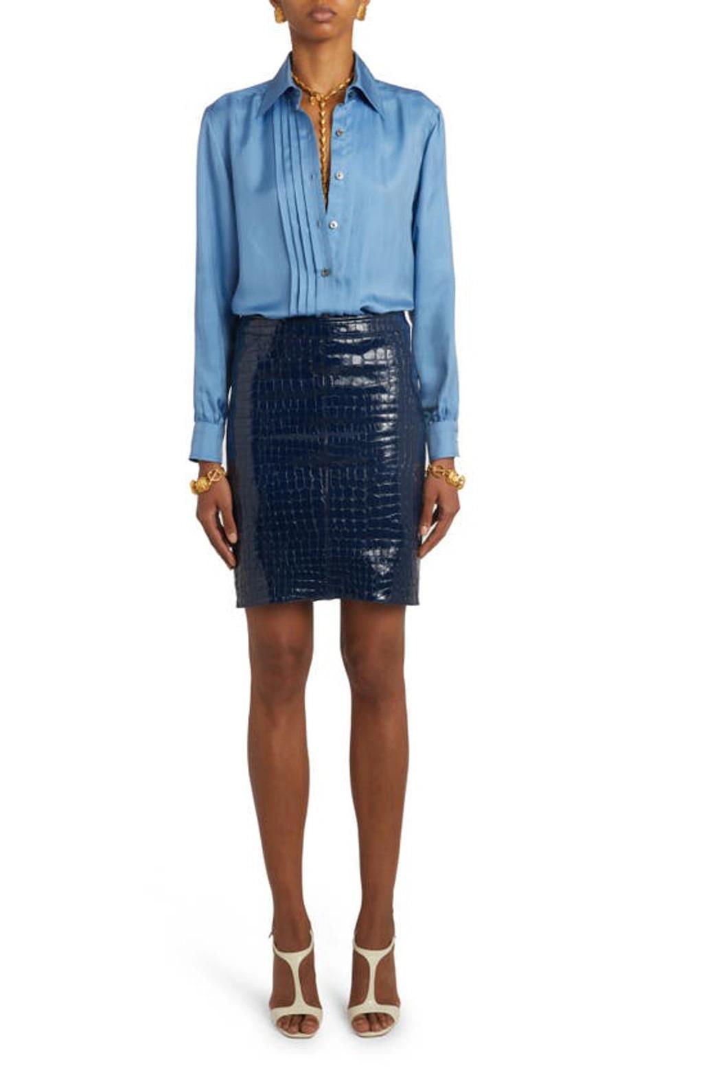 TOM FORD Croc-embossed Leather Pencil Skirt In Deep Blue Product Image