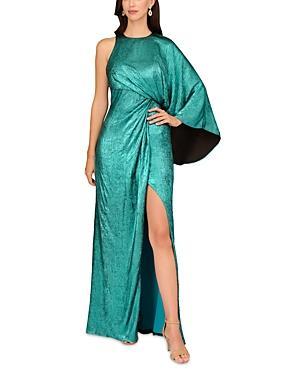 Aidan Mattox Foiled Metallic Chiffon One Shoulder Drape Back Gown Product Image