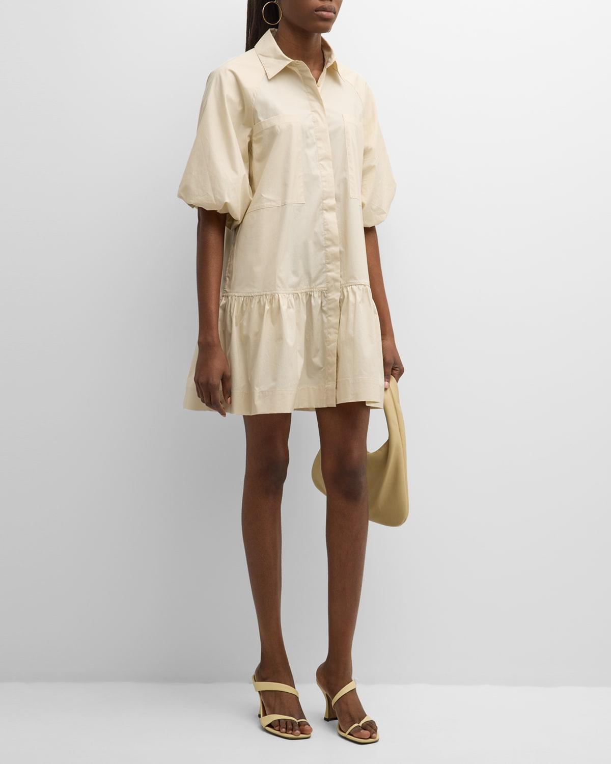 Jonathan Simkhai Standard Chrissy Puff-Sleeve Cotton Poplin Mini Shirtdress - Size: LARGE - WHITE Product Image