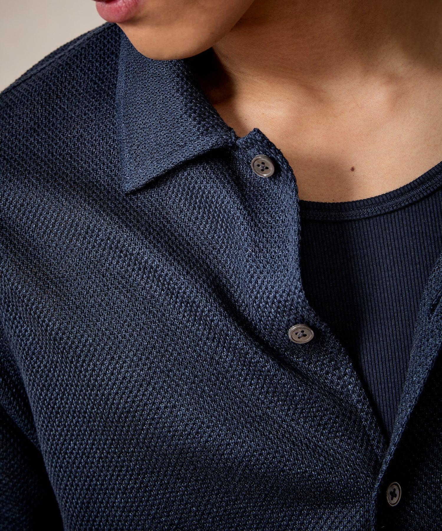 Linen Mesh Full-Placket Polo in Navy Product Image