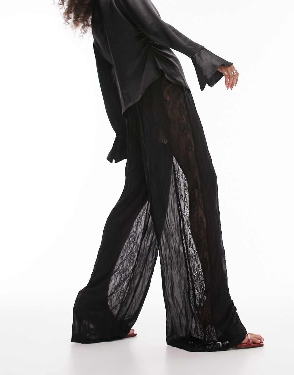 Topshop crinkle sheer lace wide leg pants Product Image