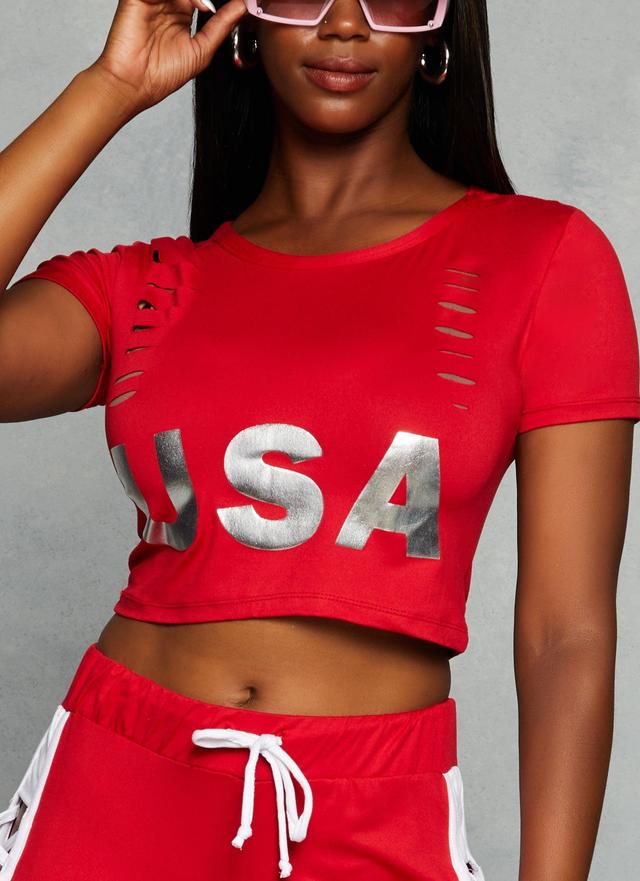 Womens Slashed Foil USA Graphic Crop Top Product Image