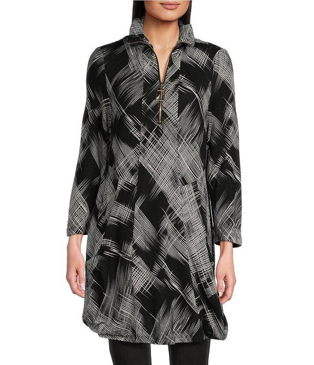 Calessa Abstract Brushstroke Print Ruffled Wire Collar 3/4 Sleeve Quarter Zip Velvet Knit Tunic Product Image