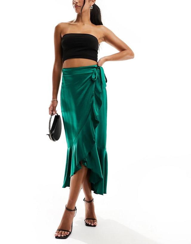 Flounce London satin wrap midaxi skirt in emerald green Product Image