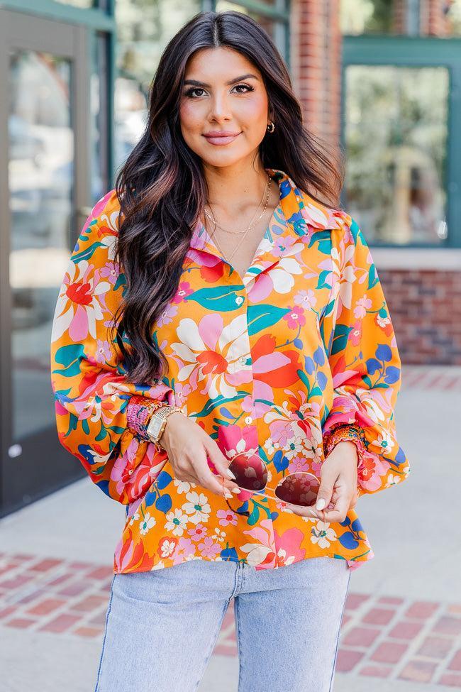 I've Been Waiting Orange Floral Satin Button Front Blouse FINAL SALE Product Image