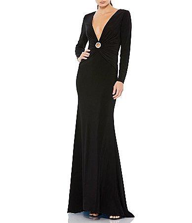 Mac Duggal Deep V-Neck Ruched Jeweled O Ring Long Sleeve Gown Product Image