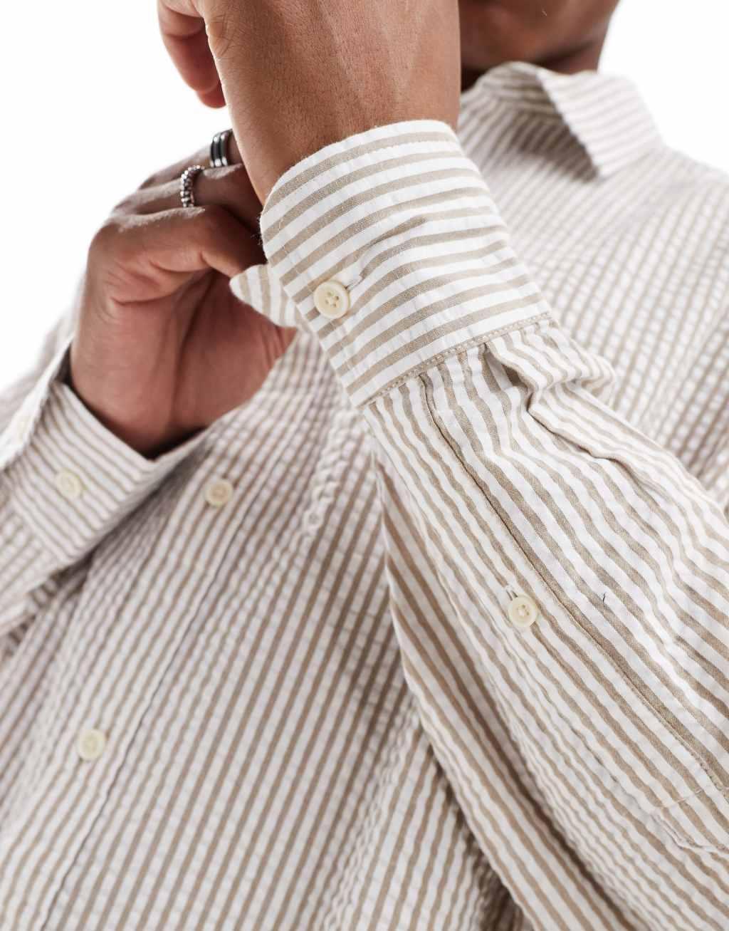 ASOS DESIGN volume overshirt in brown and tan seersucker stripe Product Image