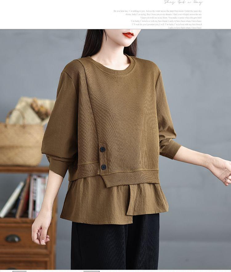 Long-Sleeve Crewneck Asymmetrical Plain Knit Top Product Image