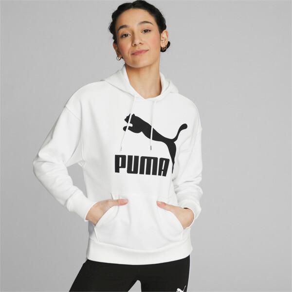 PUMA Classics Womens Logo Hoodie in White/Black Product Image