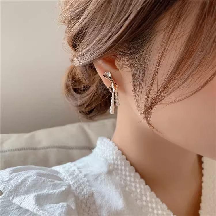 Bow Rhinestone Dangle Earrings Product Image