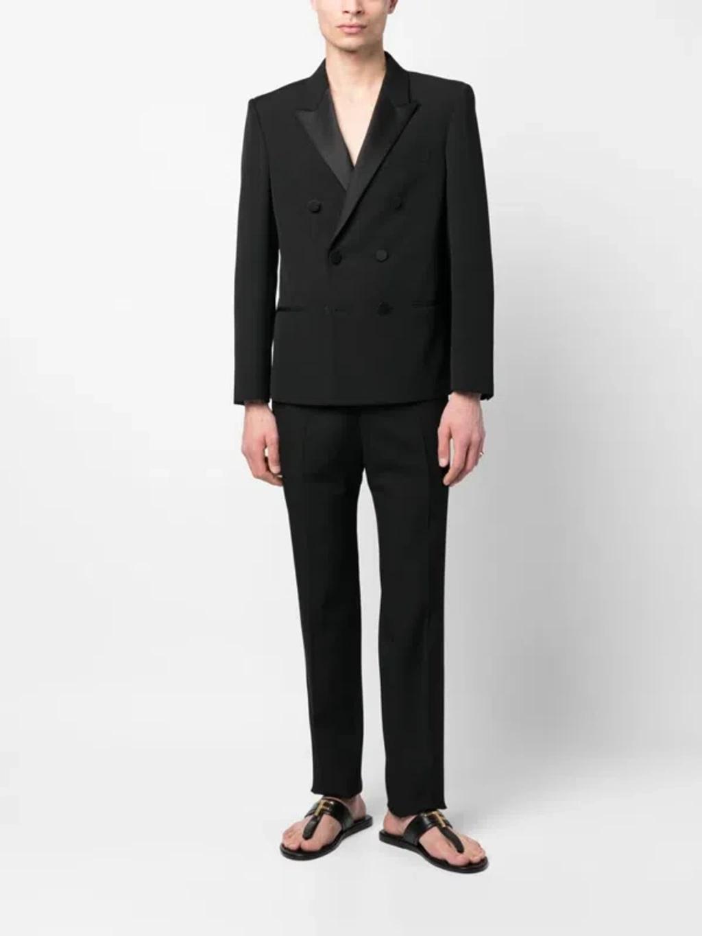 Double-breasted Grain De Poudre Tuxedo Jacket In Black Product Image