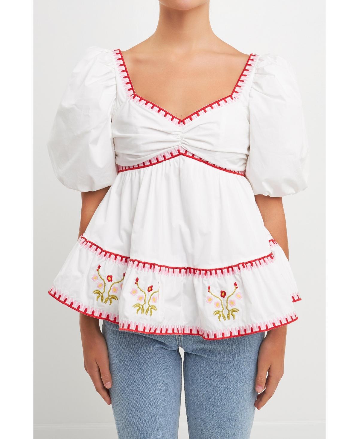 English Factory Embroidered Puff Sleeve Peplum Cotton Top Product Image