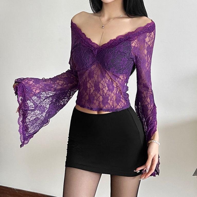 Flare-Sleeve V-Neck Lace Crop Top Product Image