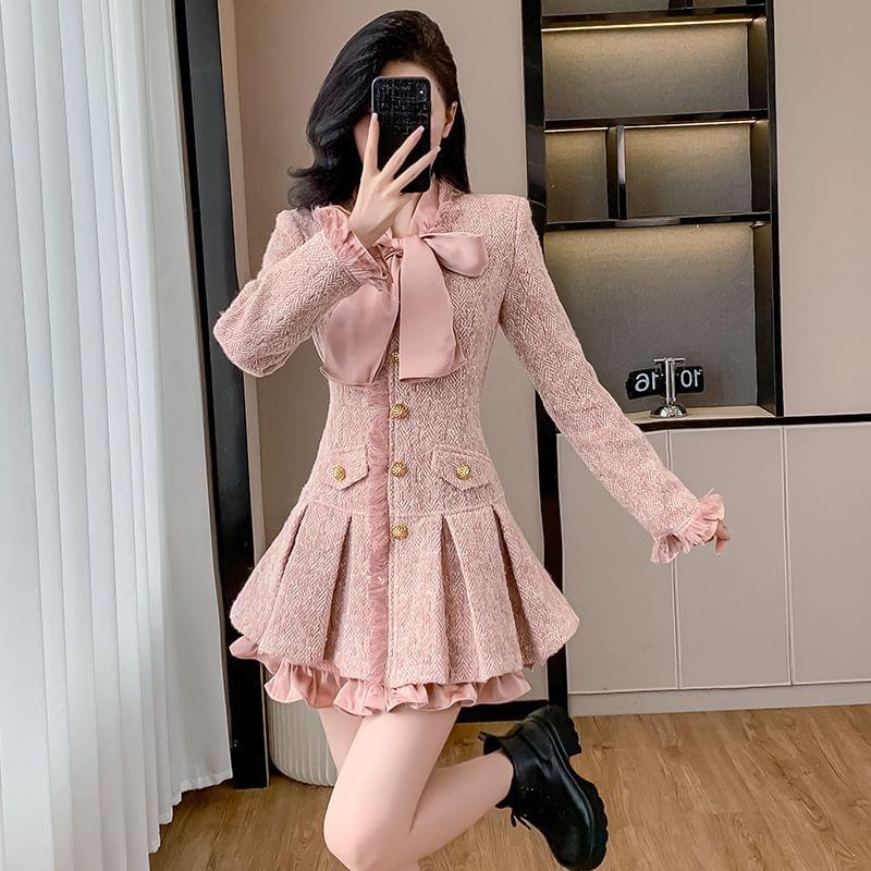 Mock Two-Piece Long-Sleeve Tie-Neck Pleated Mini Blazer Dress Product Image