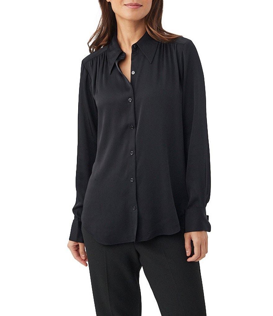 Trina Turk Cassavetes Stretch Silk Satin Point Collar Long Sleeve Button Front Top Product Image