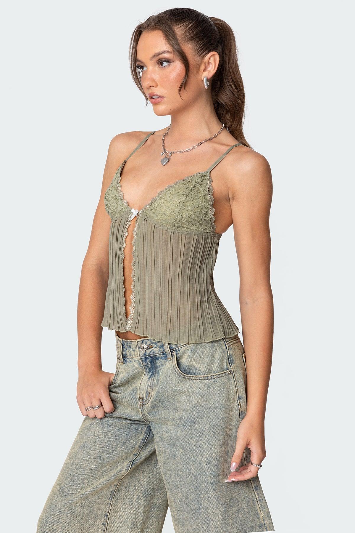 Pleated Lacey Split Front Tank Top Product Image