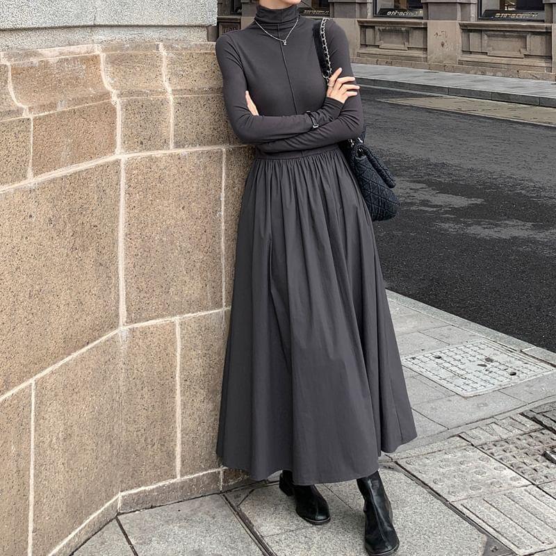 Long Sleeve Turtleneck Plain Maxi A-Line Dress Product Image