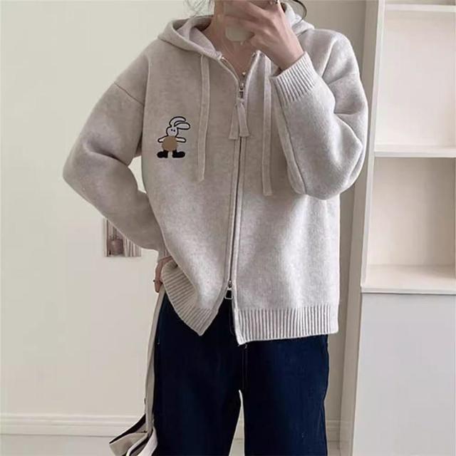 Hooded Rabbit Embroidered Zip Up Knit Cardigan Product Image