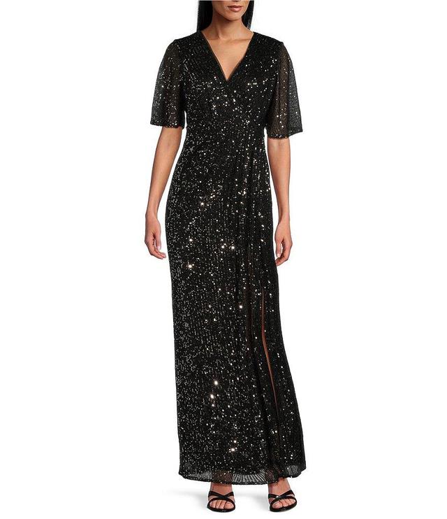 Ignite Evenings Petite Size Sequin Surplice V-Neck Flutter Sleeves A-line Dress Product Image