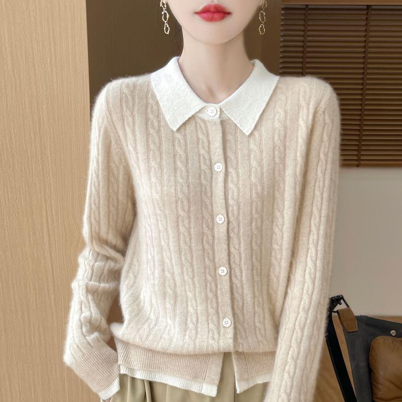 Mock Two-Piece Collared Cable Knit Cardigan Product Image