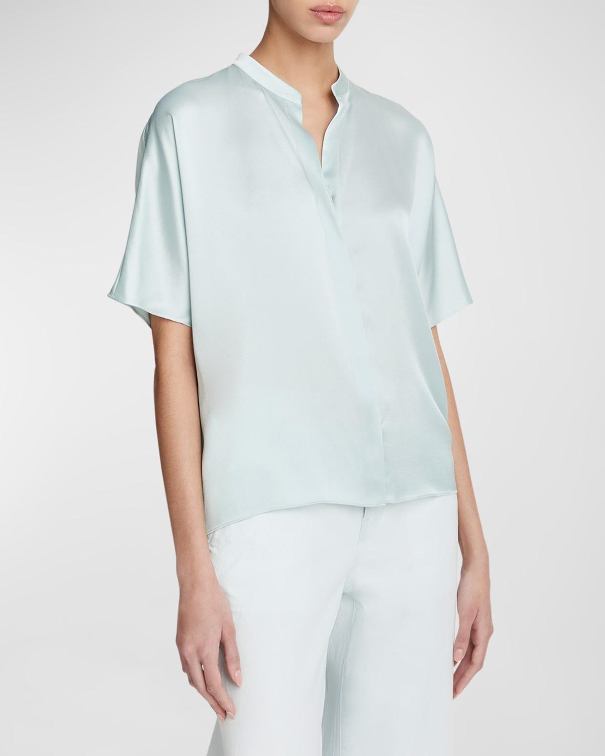 Short-Sleeve Dolman Button-Front Silk Blouse Product Image