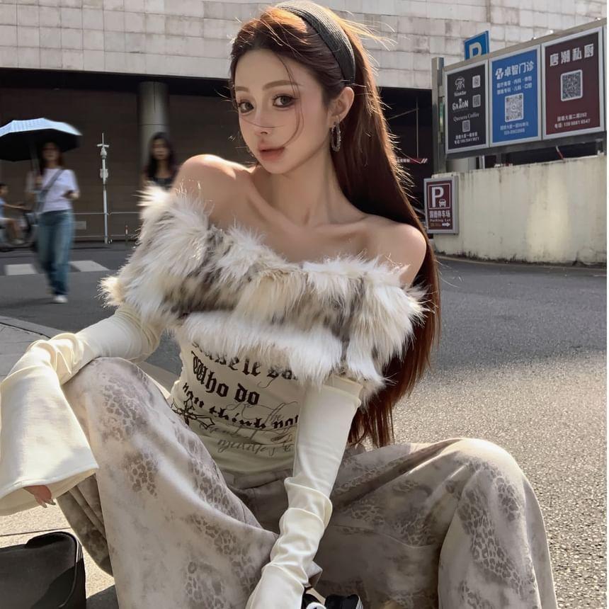 Long-Sleeve Off Shoulder Faux Fur Lettering Top Product Image