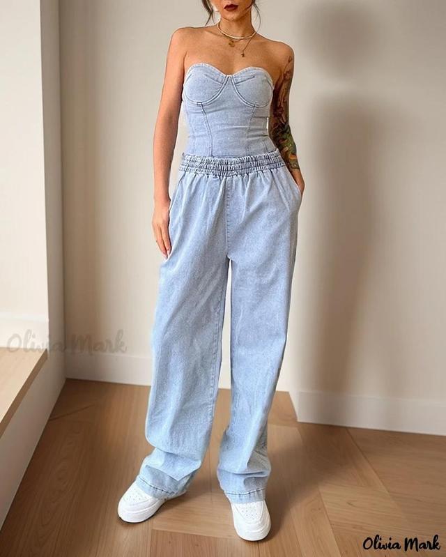 Olivia Mark – Seductive Strapless Blue Denim Top with Elasticized High Waist Wide Leg Pants Product Image