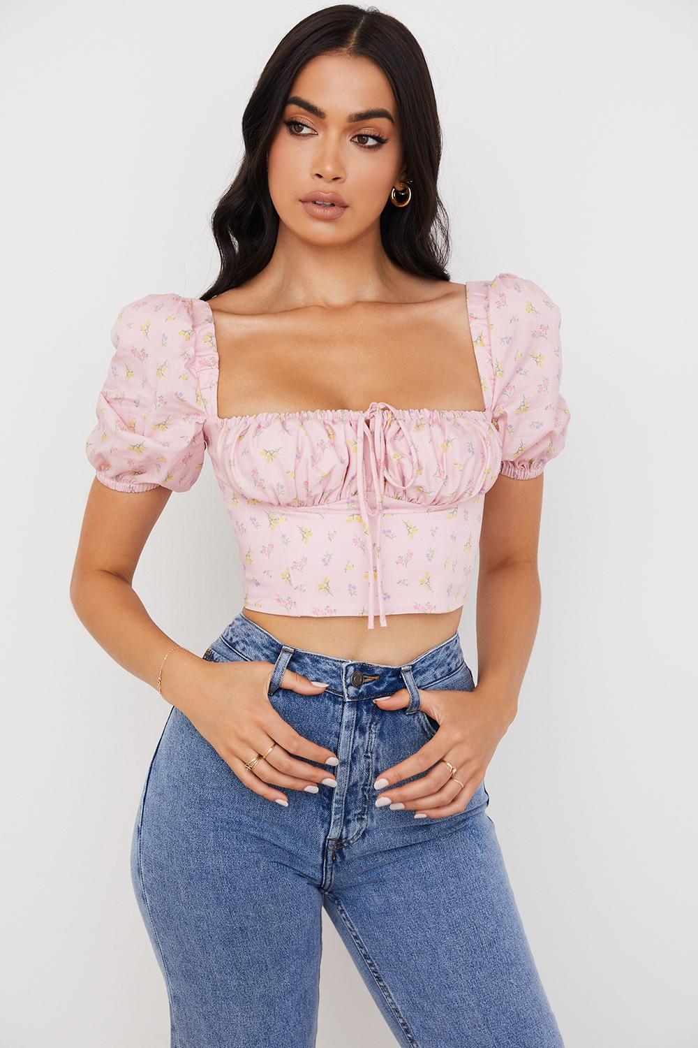 Arianna Pink Floral Puff Sleeve Corset Product Image