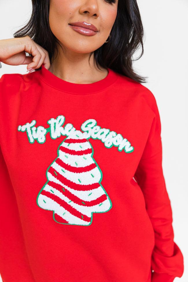 Tis The Season Christmas Cake Patch Red Oversized Graphic Sweatshirt FINAL SALE Product Image