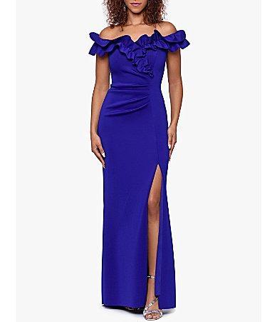 Xscape Stretch Ruffle Off-the-Shoulder Ruched Back Gown Product Image