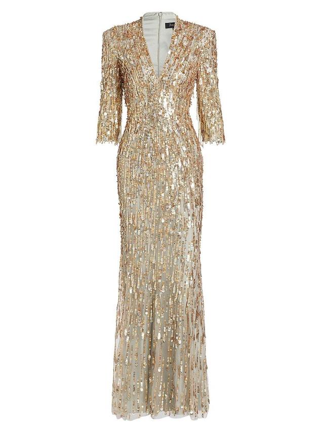 Womens Oscar Sequined V-neck Sheath Gown Product Image