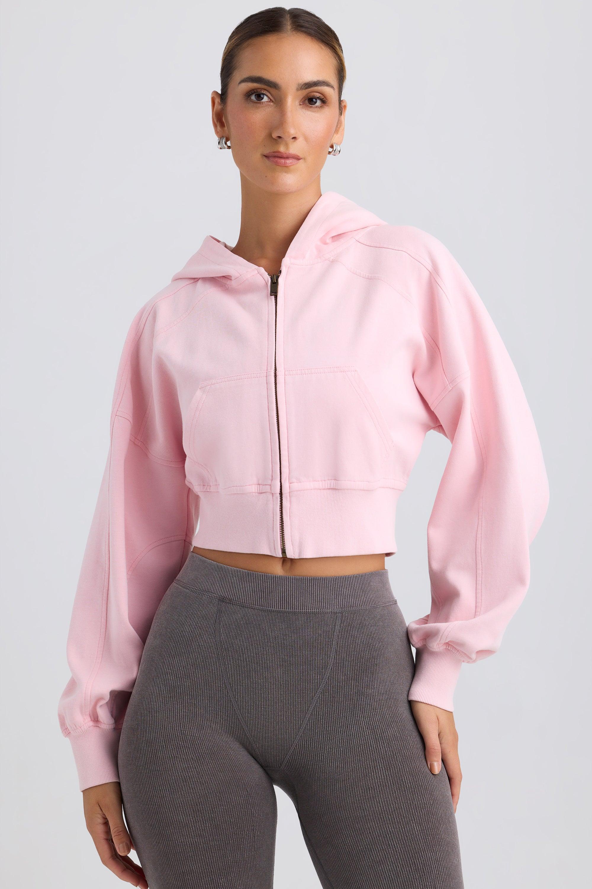 Zip-Up Cropped Hoodie in Washed Ice Pink Product Image