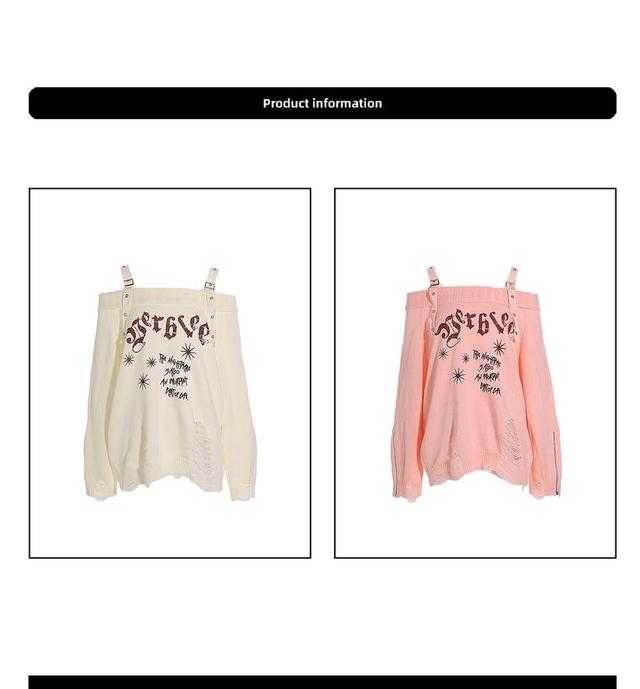 Cold Shoulder Lettering Print Distressed Sweater Product Image