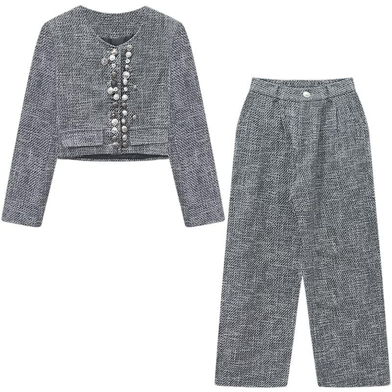 Set: Faux Pearl Tweed Button-Up Jacket + High Rise Wide Leg Pants Product Image