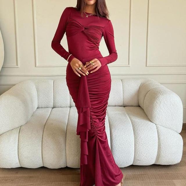 Long-Sleeve Crewneck Ruffle Plain Maxi Mermaid Dress Product Image