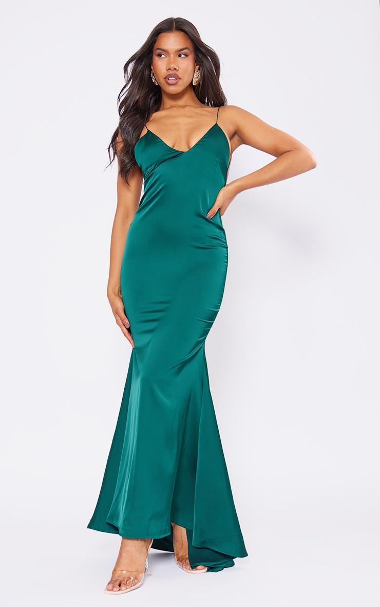 Emerald Green Satin V Neck Maxi Dress Product Image