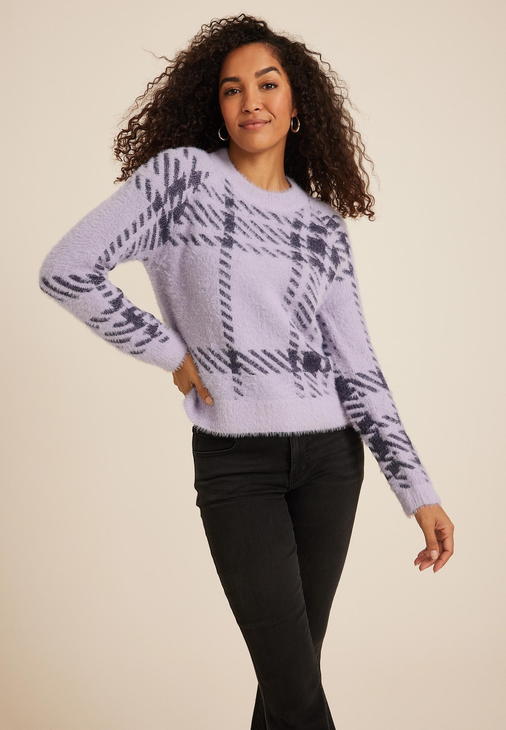 Fuzzy Plaid Knit Sweater Product Image