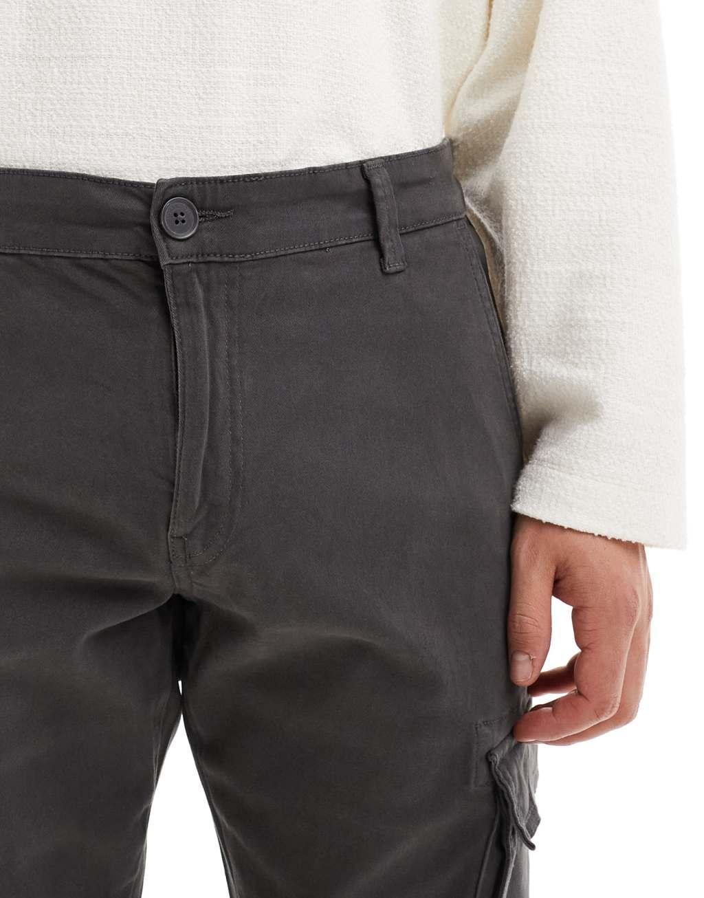 Only & Sons tapered fit cargo with cuffed bottom in gray Product Image