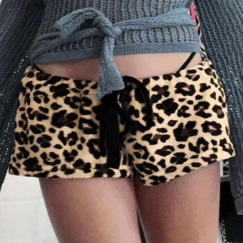 Low Waist Leopard Print Fleece Mini Shorts Product Image