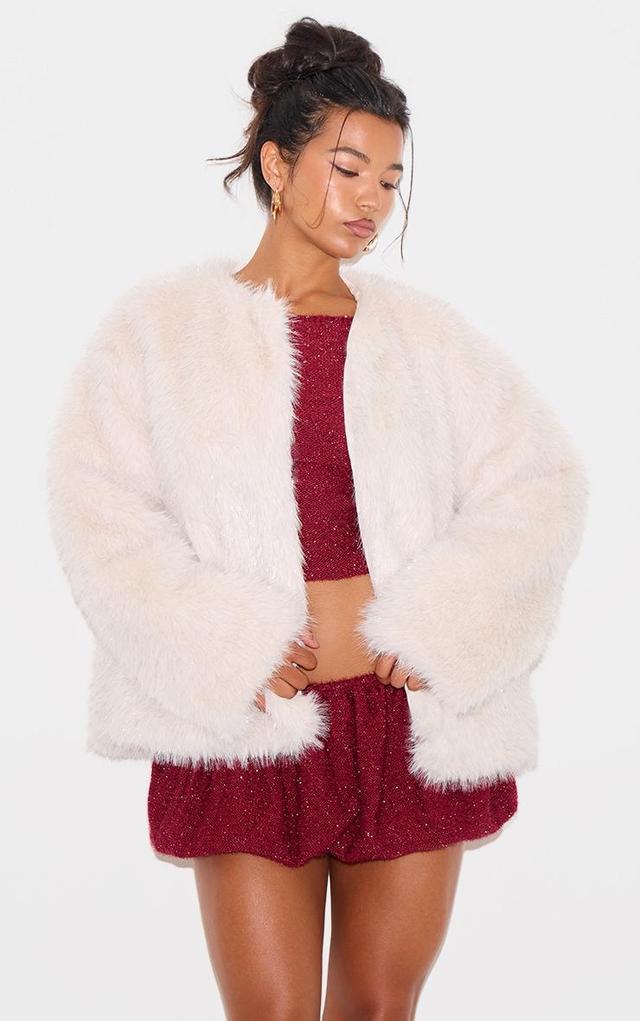 Cream Glitter Faux Fur Coat Product Image